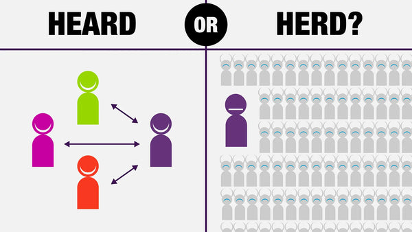 Diagram showing loss of representation by locking the number of seats in the US Congress with the words "Heard or Herd?" and representing people of today as sheep to slaughter