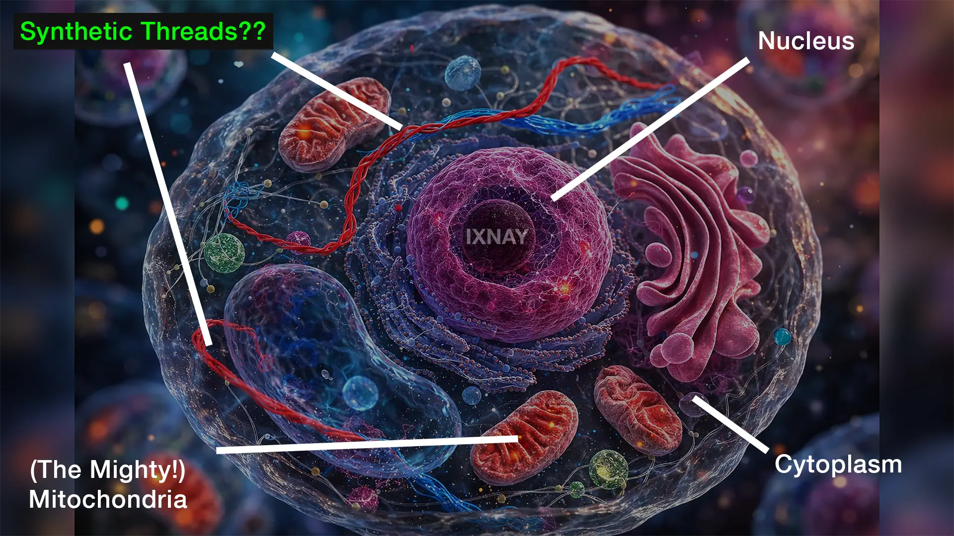 Diagram of a human cell that contains microplastic threads