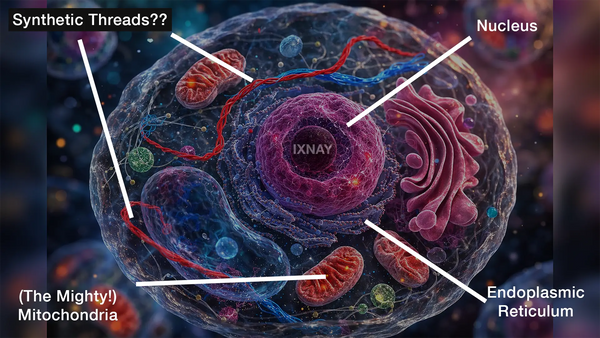 Diagram of a human cell that contains microplastic threads