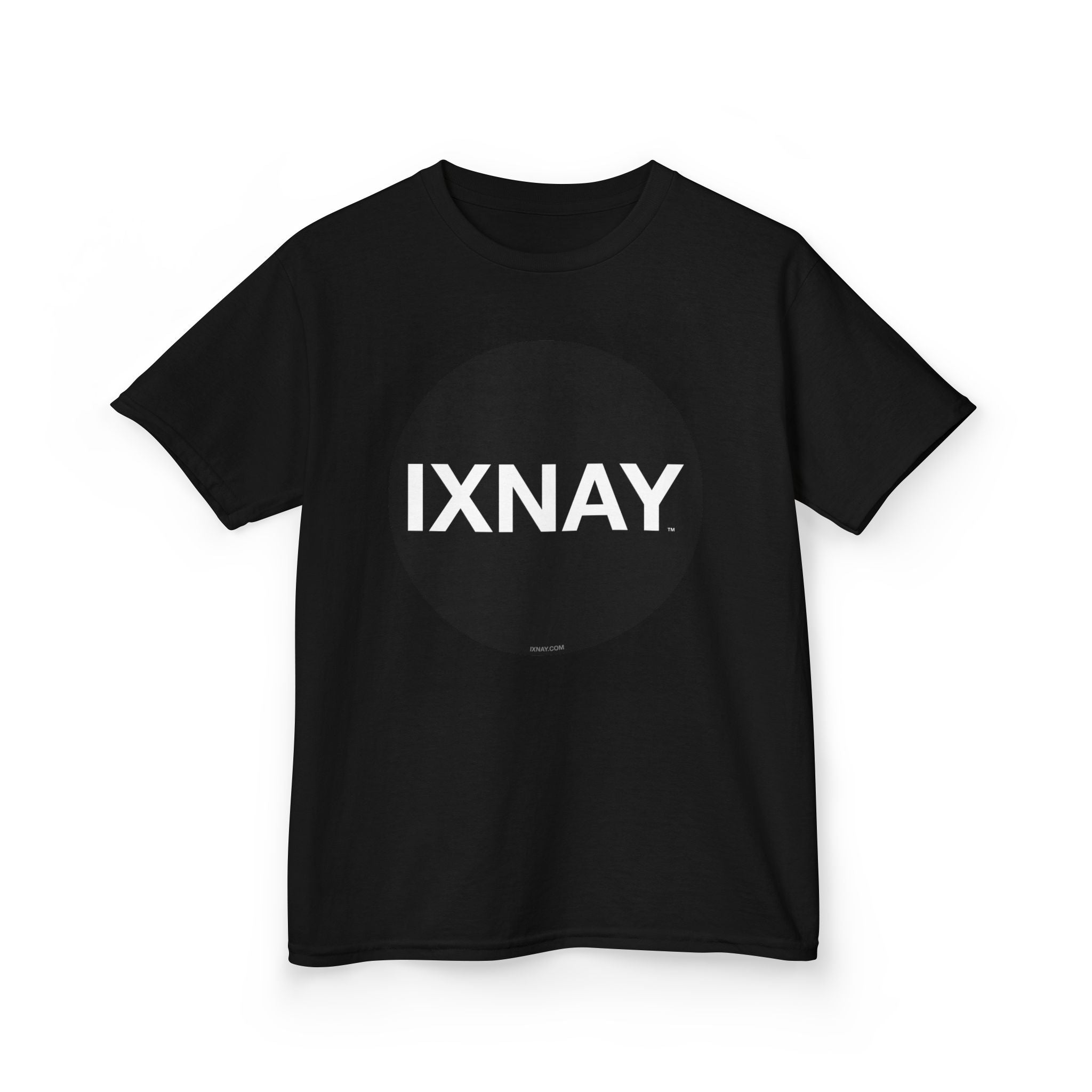 Black t-shirt with 'IXNAY' logo on a white background