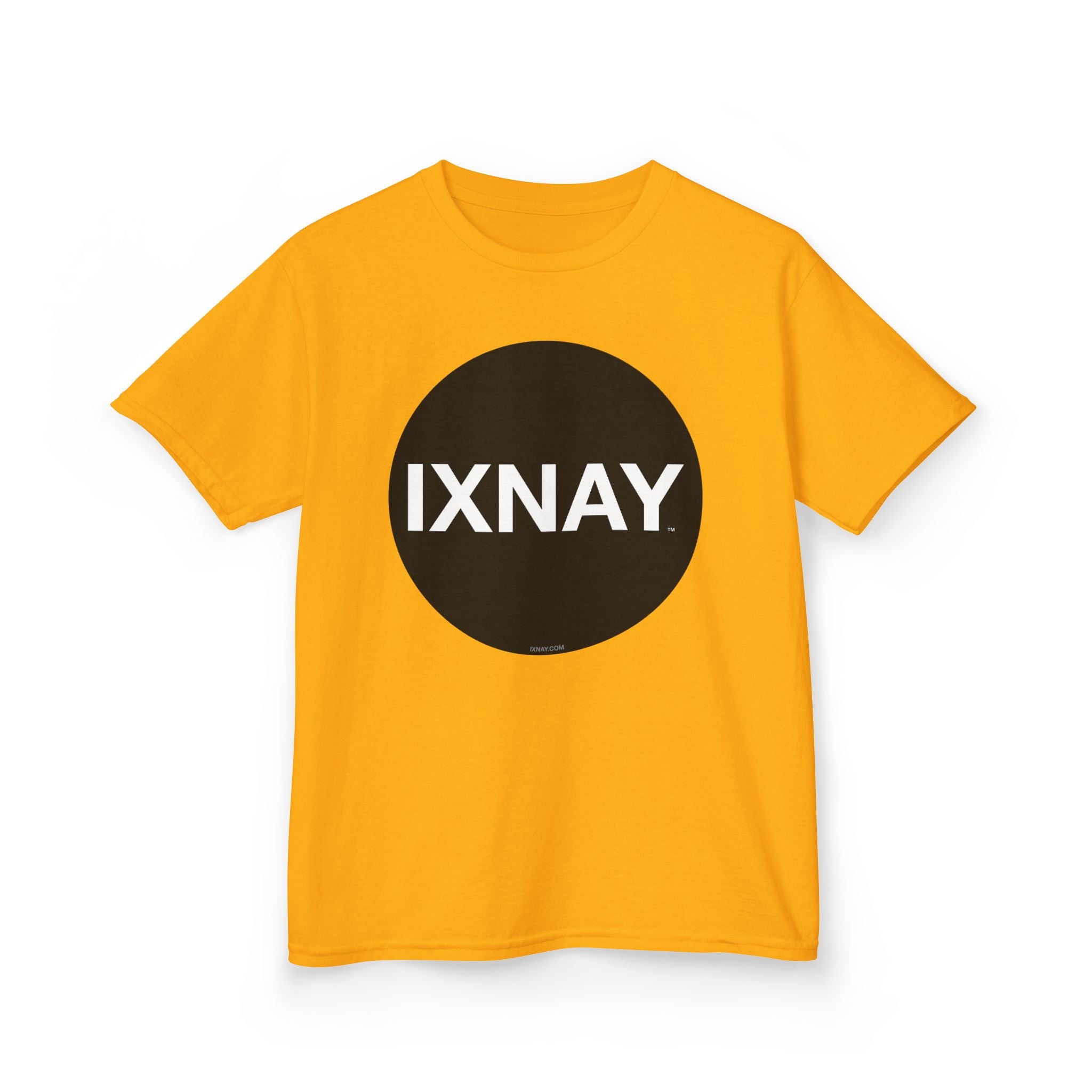 Yellow t-shirt with a black circle and 'IXNAY' text on a white background