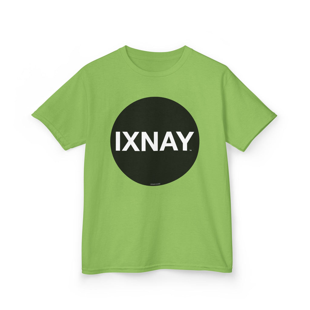 Green t-shirt with a black circle and 'IXNAY' text on a white background