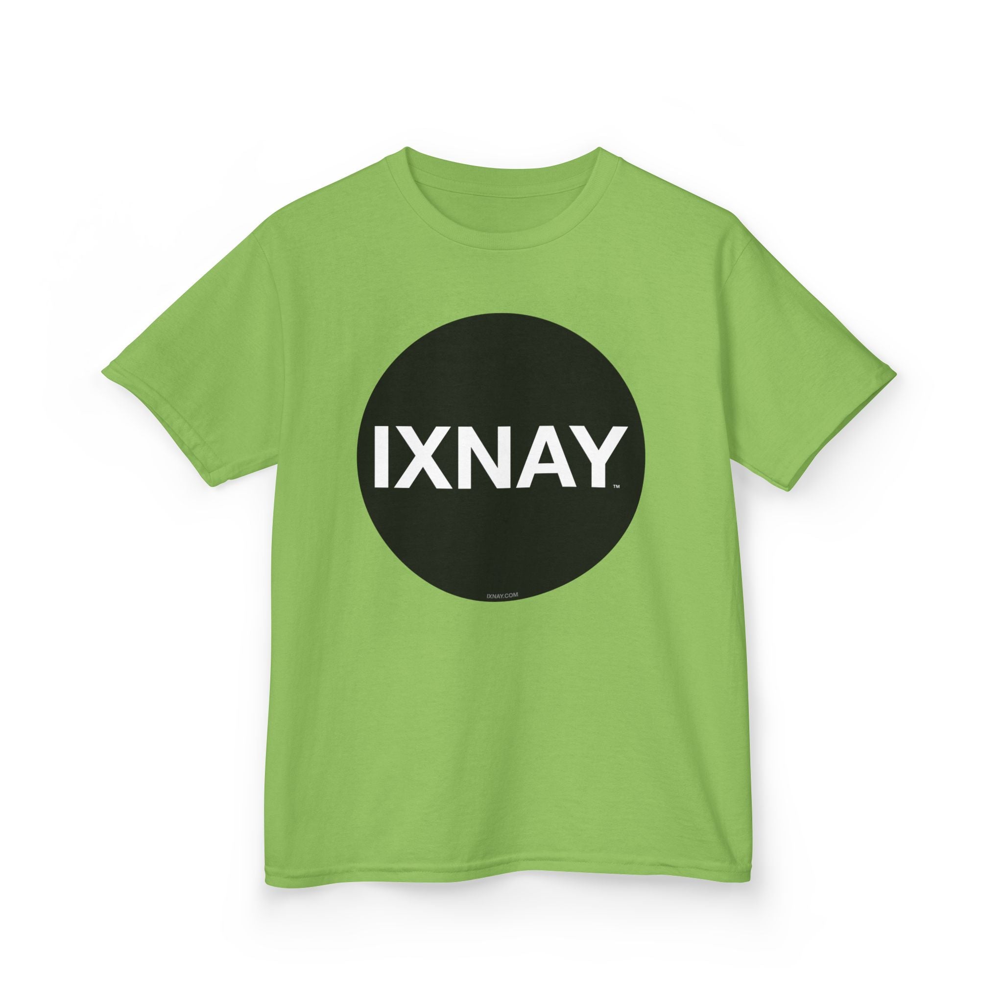 Green t-shirt with a black circle and 'IXNAY' text on a white background