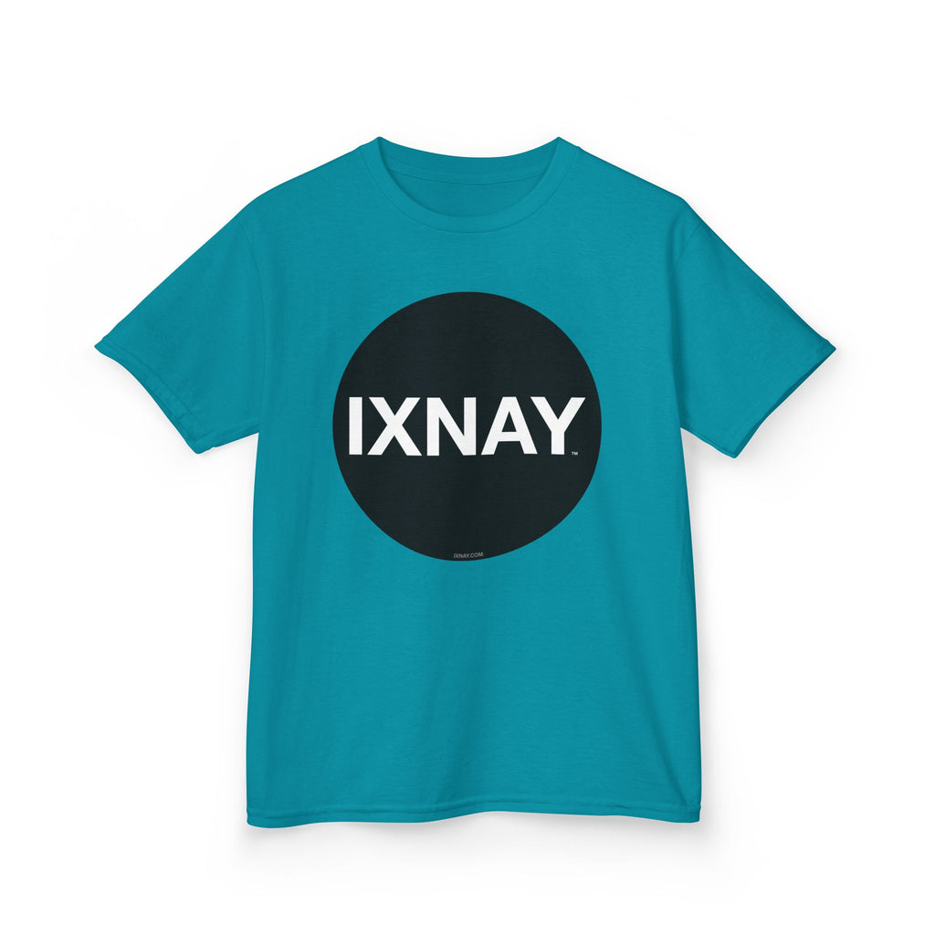 Blue t-shirt with a black circle and 'IXNAY' text on a white background