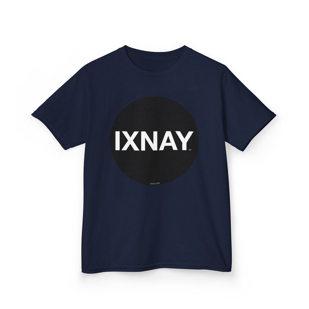 Navy blue t-shirt with a black circle and 'IXNAY' text on a white background