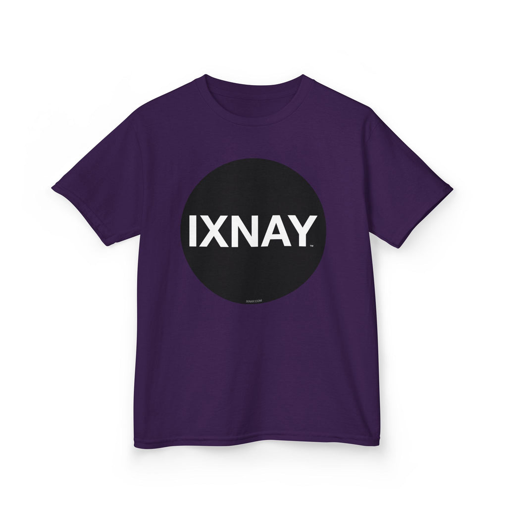 Purple t-shirt with a black circle and 'IXNAY' text on a white background
