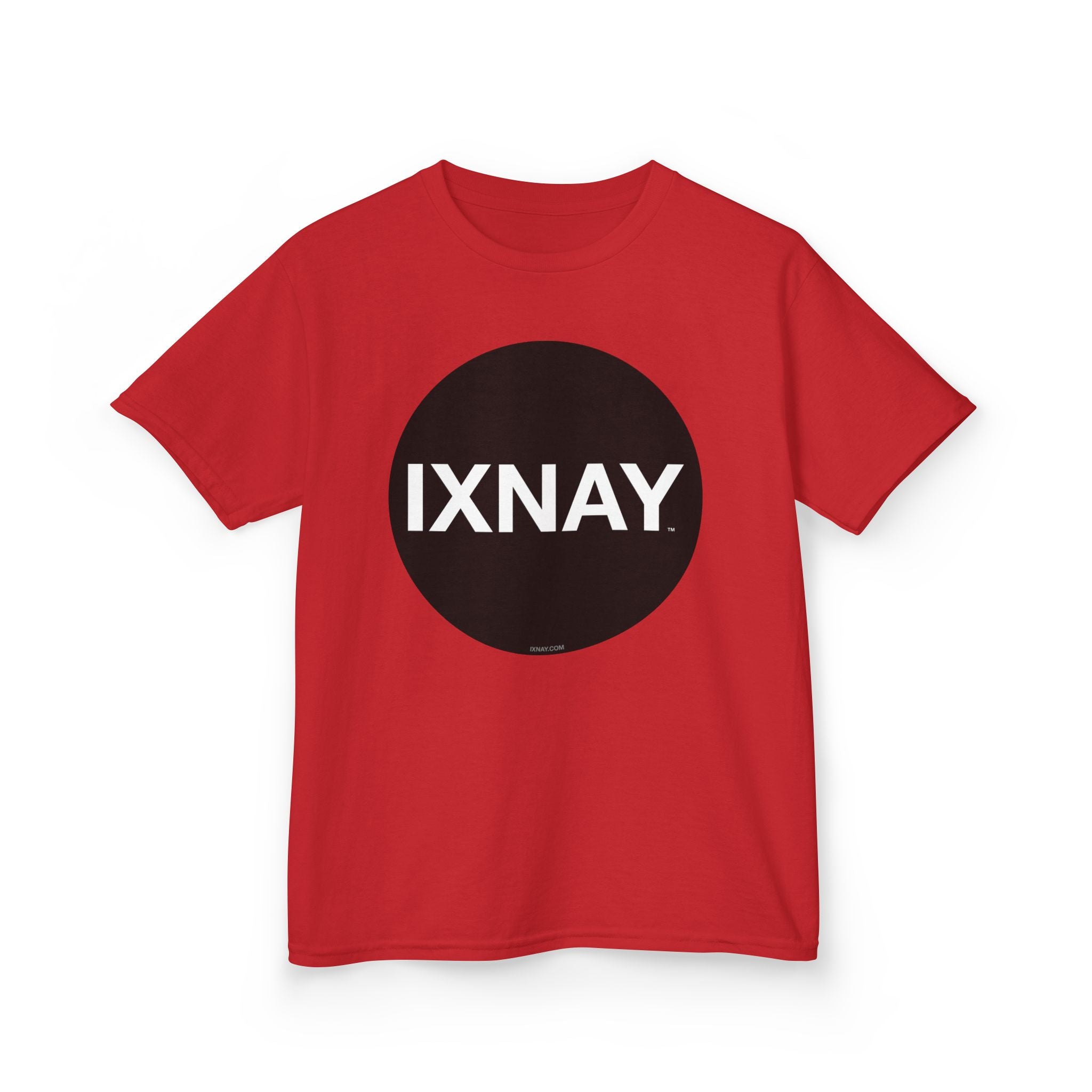 Red t-shirt with a black circle and 'IXNAY' text on a white background