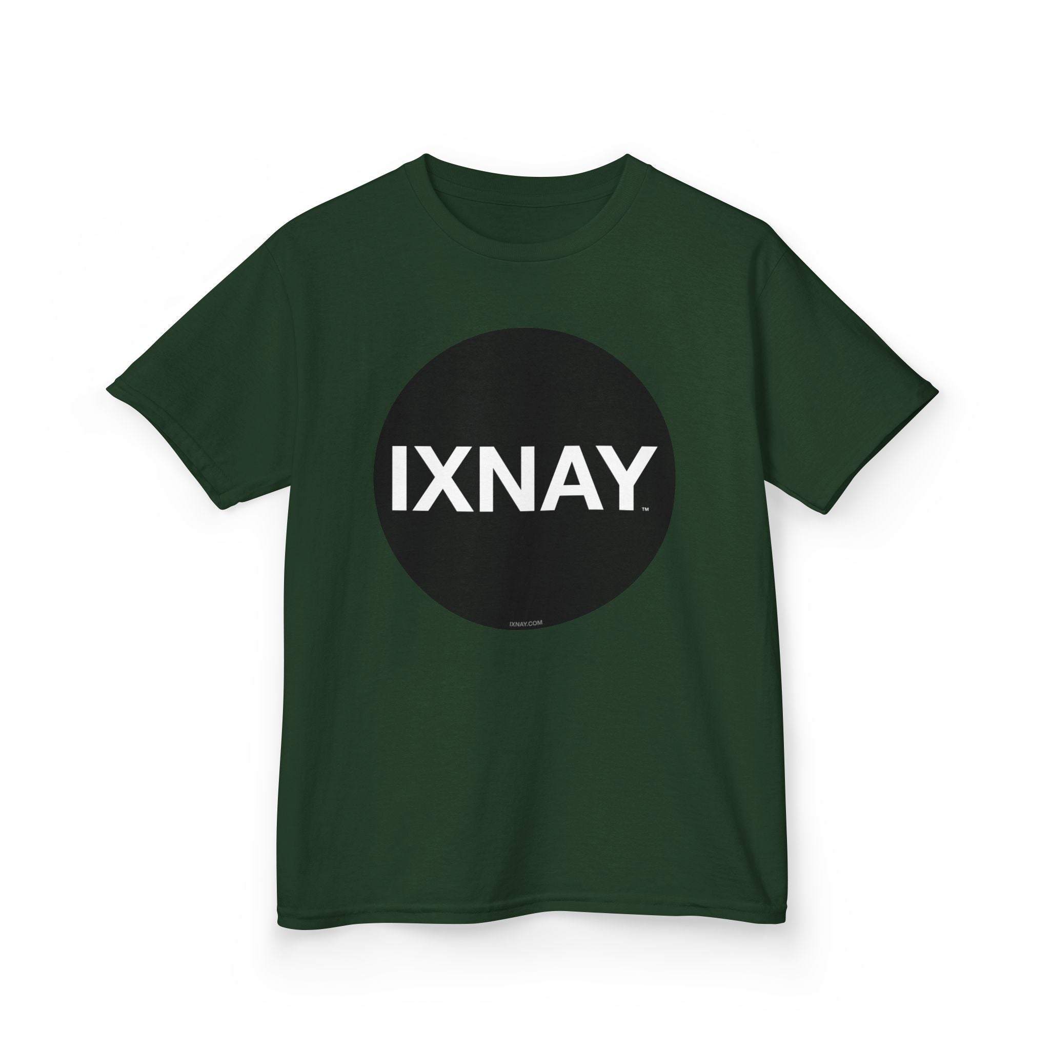 Green t-shirt with a black circle and 'IXNAY' text on a white background