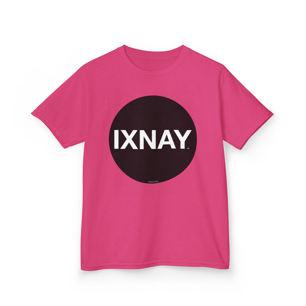 Pink t-shirt with a black circle and 'IXNAY' text on a white background