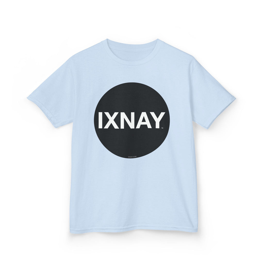 Light blue t-shirt with a black circle and 'IXNAY' text on a white background