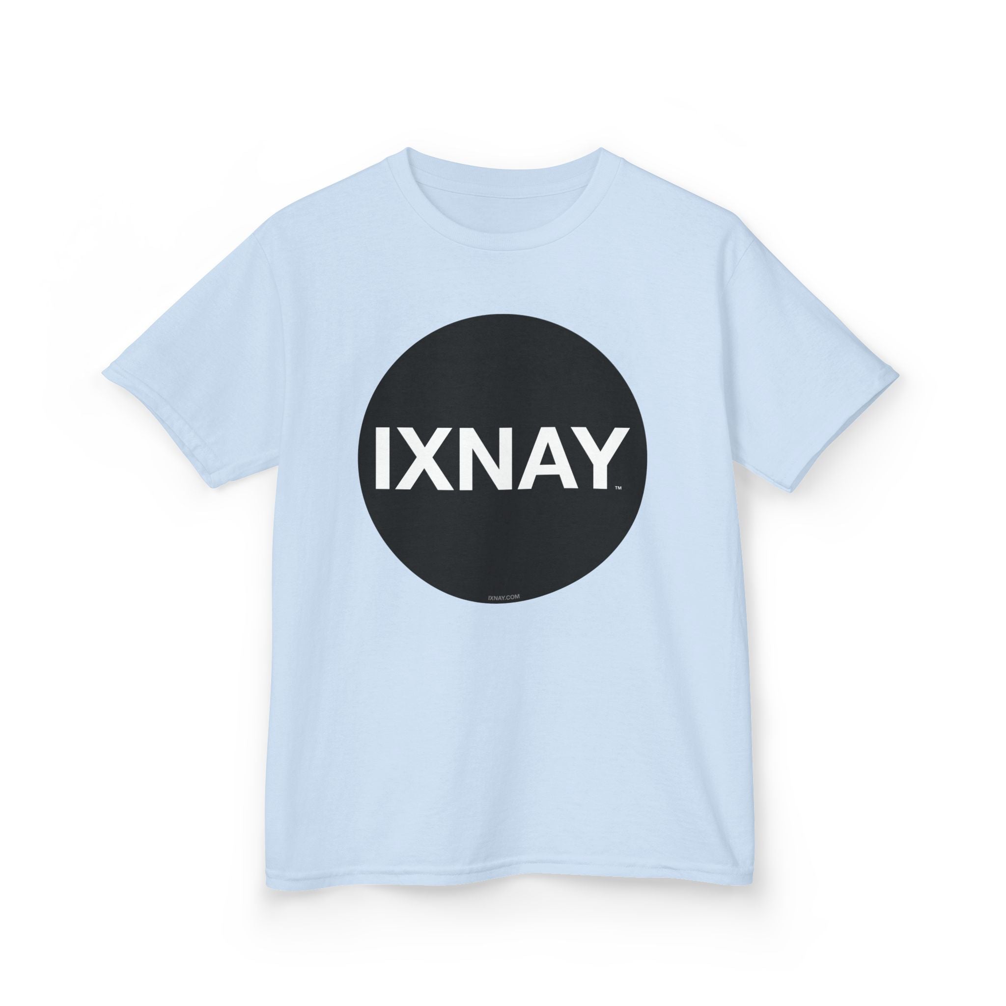 Light blue t-shirt with a black circle and 'IXNAY' text on a white background