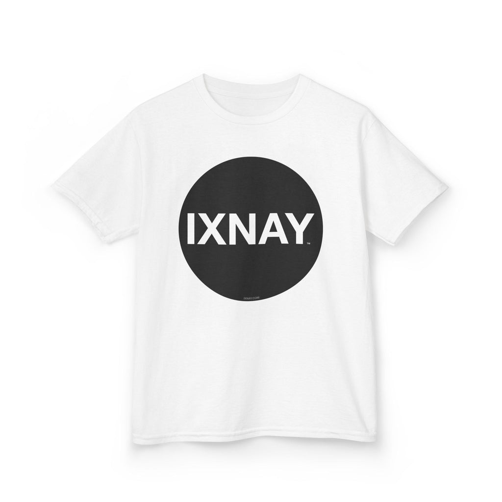 White t-shirt with a black circle and 'IXNAY' text on a white background