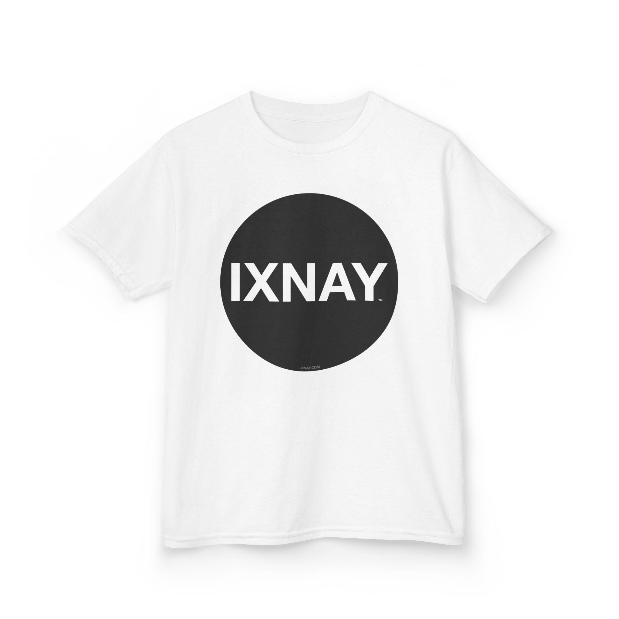 White t-shirt with a black circle and 'IXNAY' text on a white background