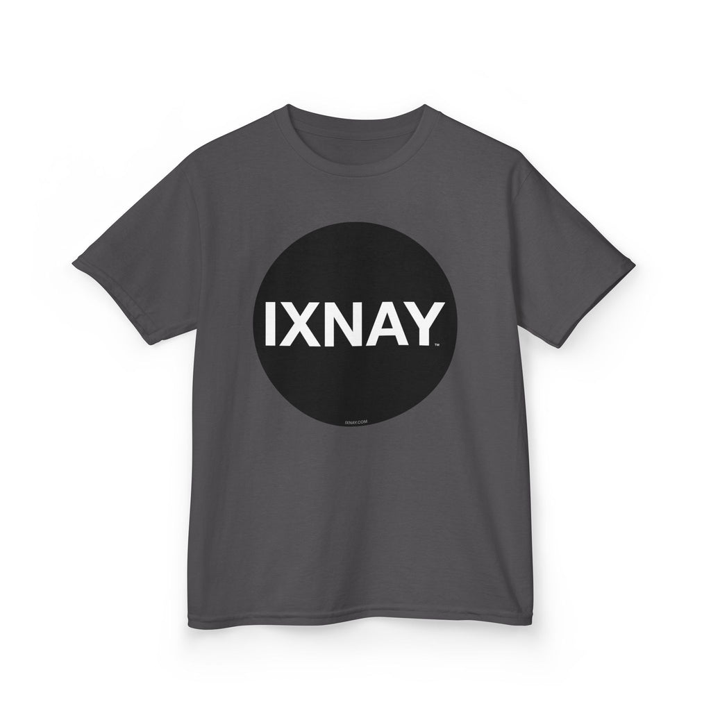 Gray t-shirt with a black circle and 'IXNAY' text on a white background