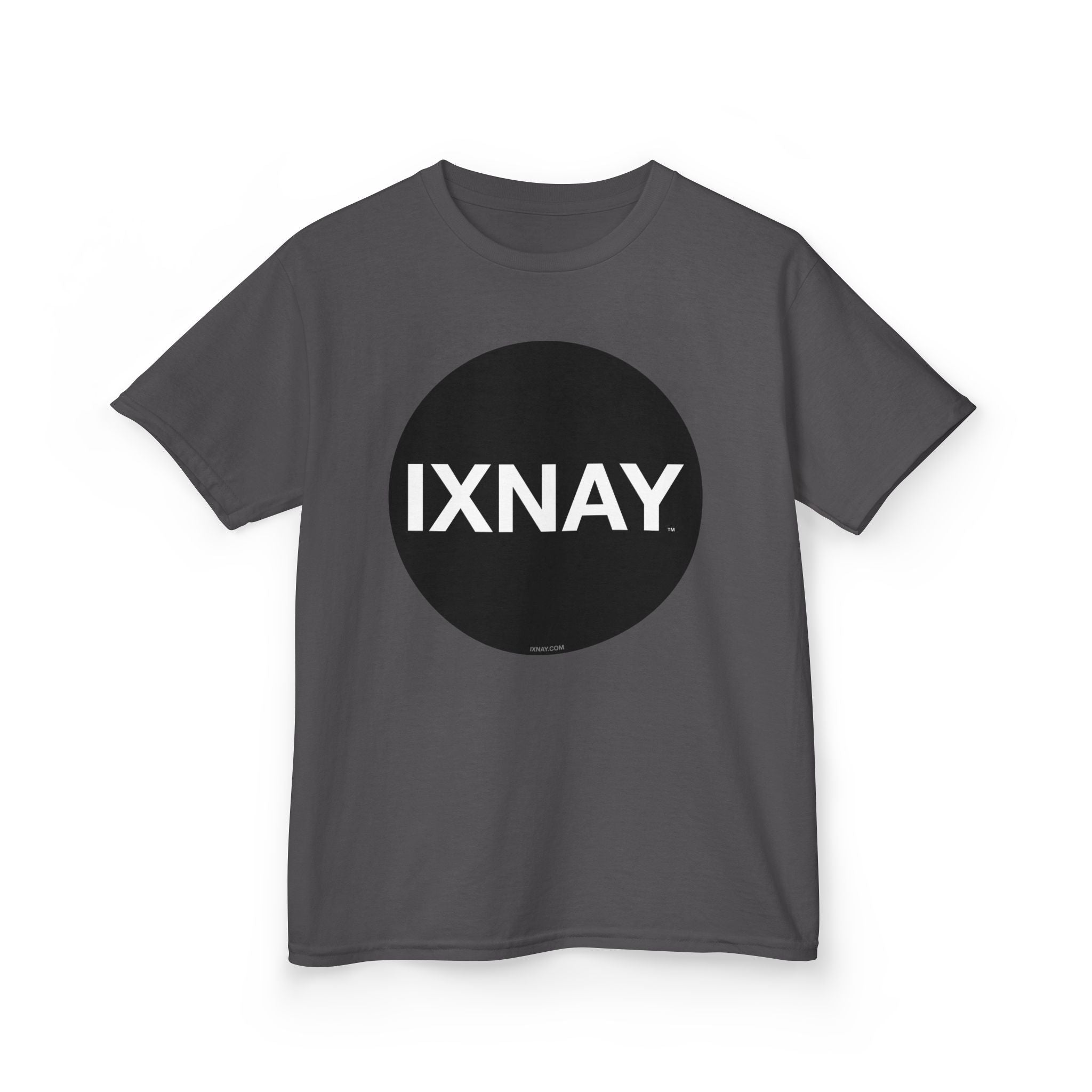 Gray t-shirt with a black circle and 'IXNAY' text on a white background