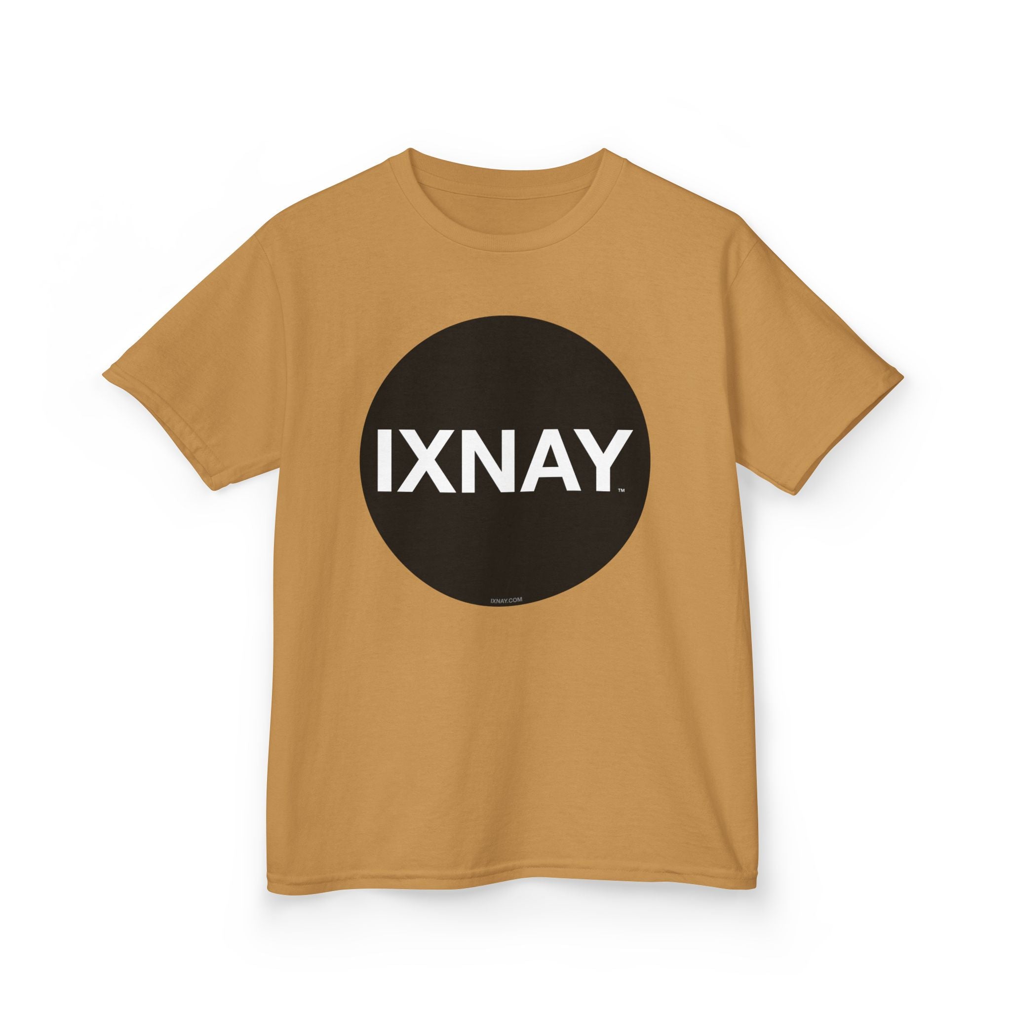 Brown t-shirt with a black circle and 'IXNAY' text on a white background