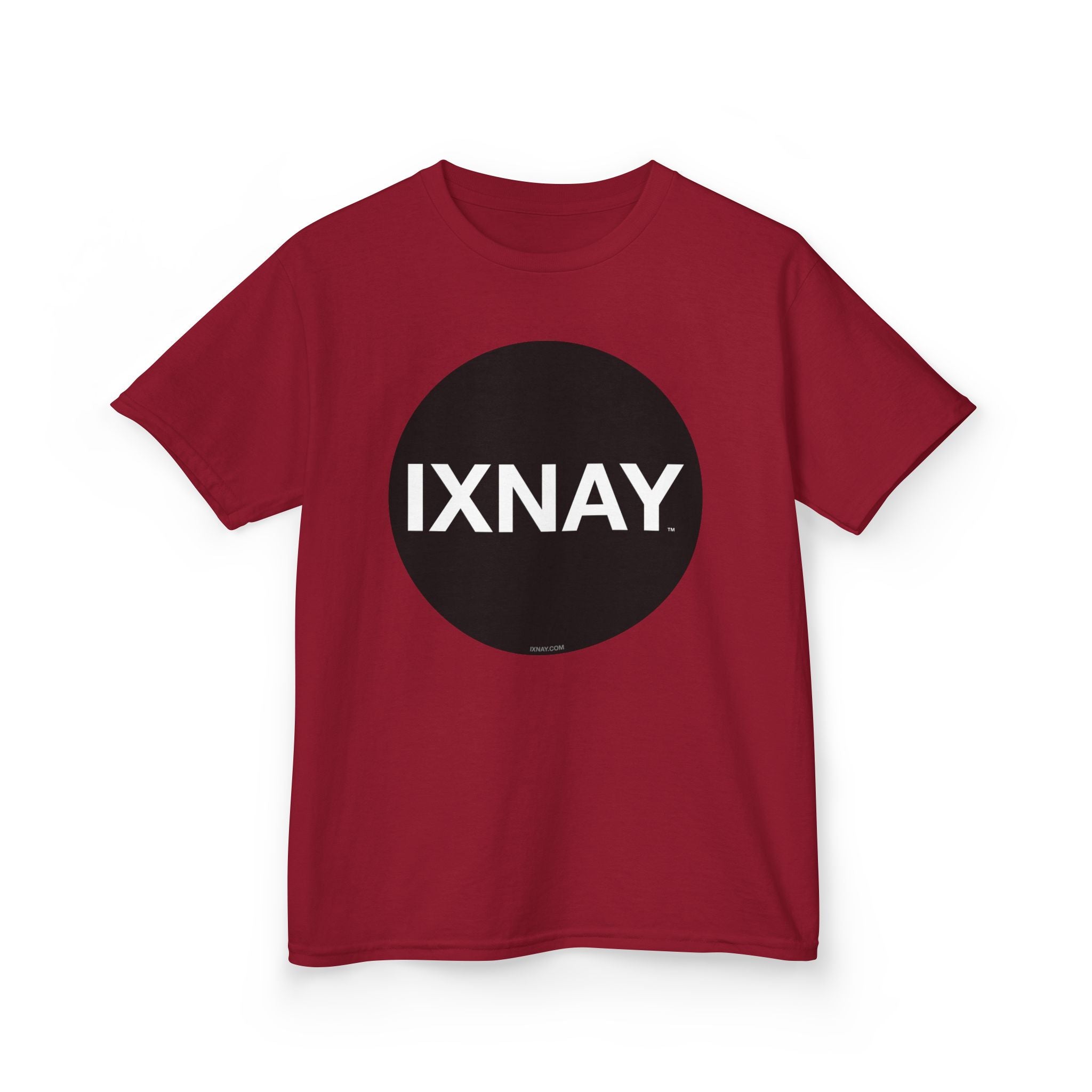 Red t-shirt with a black circle and 'IXNAY' text on a white background