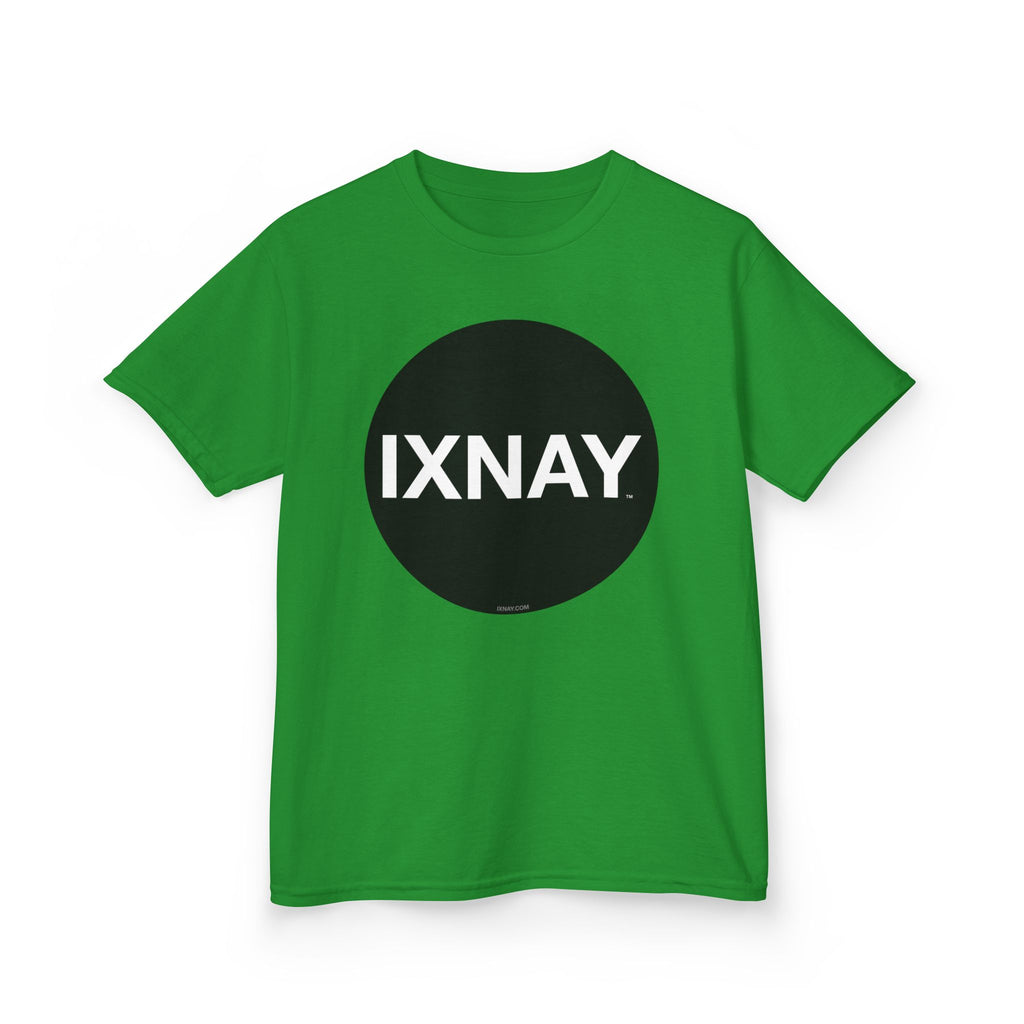 Green t-shirt with a black circle and 'IXNAY' text on a white background