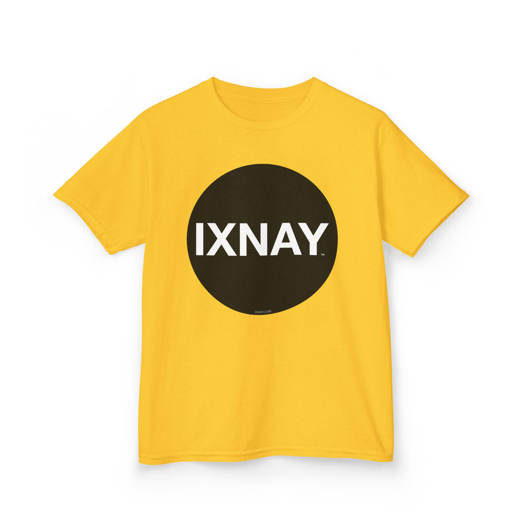 Yellow t-shirt with a black circle and 'IXNAY' text on a white background