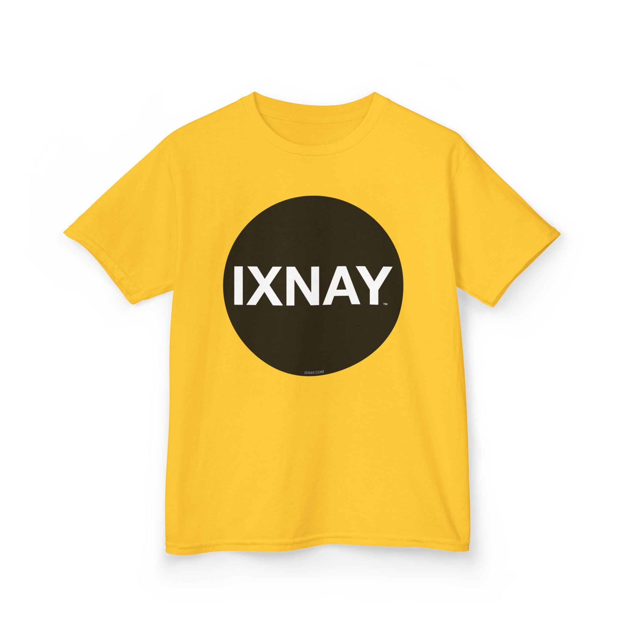 Yellow t-shirt with a black circle and 'IXNAY' text on a white background