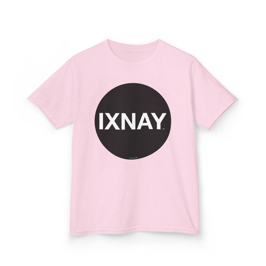 Pink t-shirt with a black circle and 'IXNAY' text on a white background