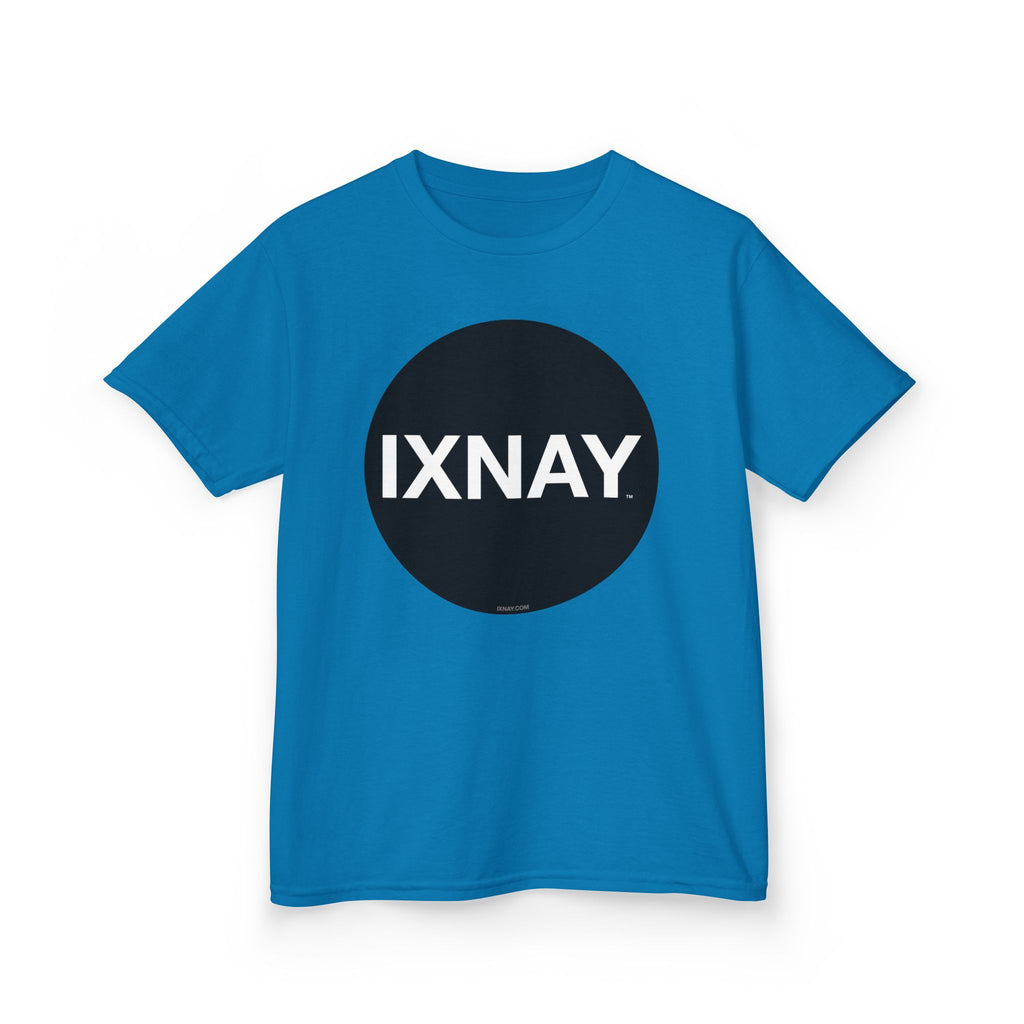 Blue t-shirt with a black circle and 'IXNAY' text on a white background