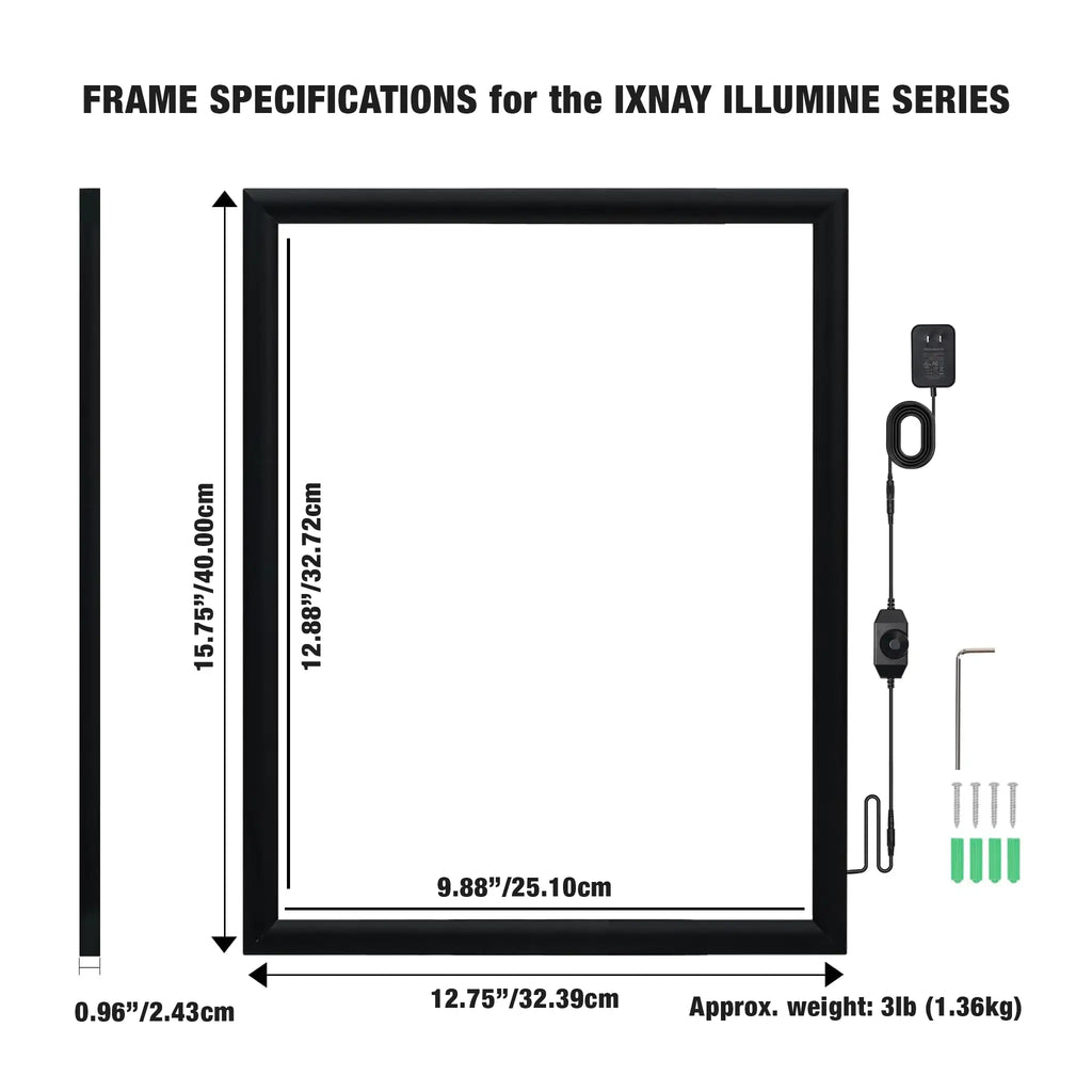 11x14" Frame specifications for the IXNAY Illumine Series with dimensions and weight details. Shows included power cord and dimmer, not to scale with frame.