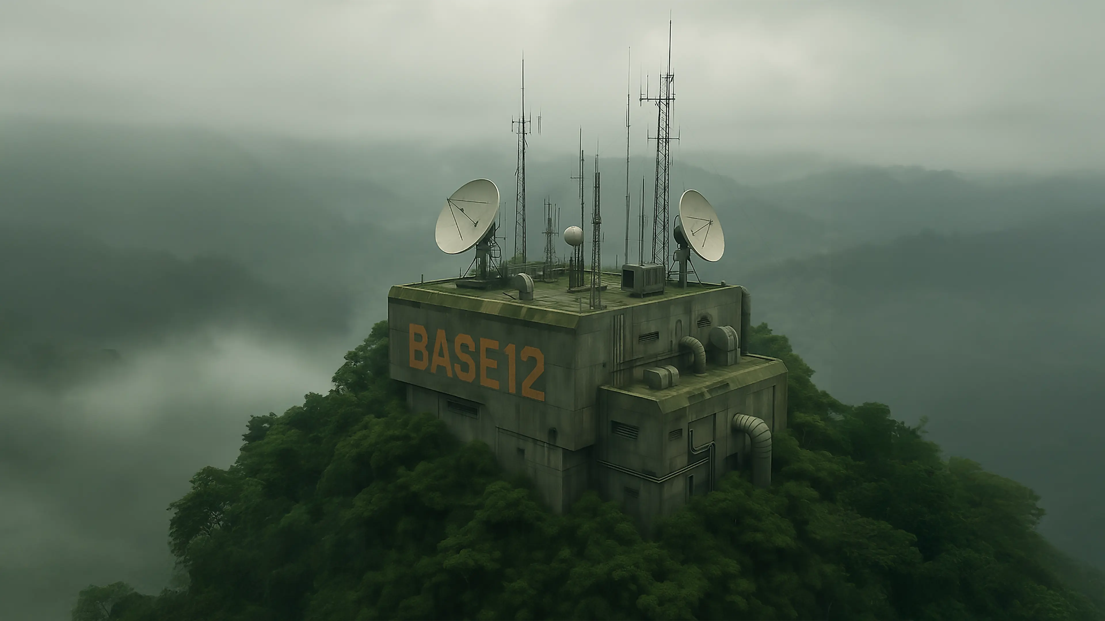 An image of one of the global locations from which the artist and musician IXNAY broadcasts to the world. It is a bunker-like building on top of a craggy mountain in the middle of a foggy and mist-filled forest with many kinds of antennae and satellite dishes on the roof. On the exterior wall the term "Base 12" is emblazoned in 12 foot high letters.