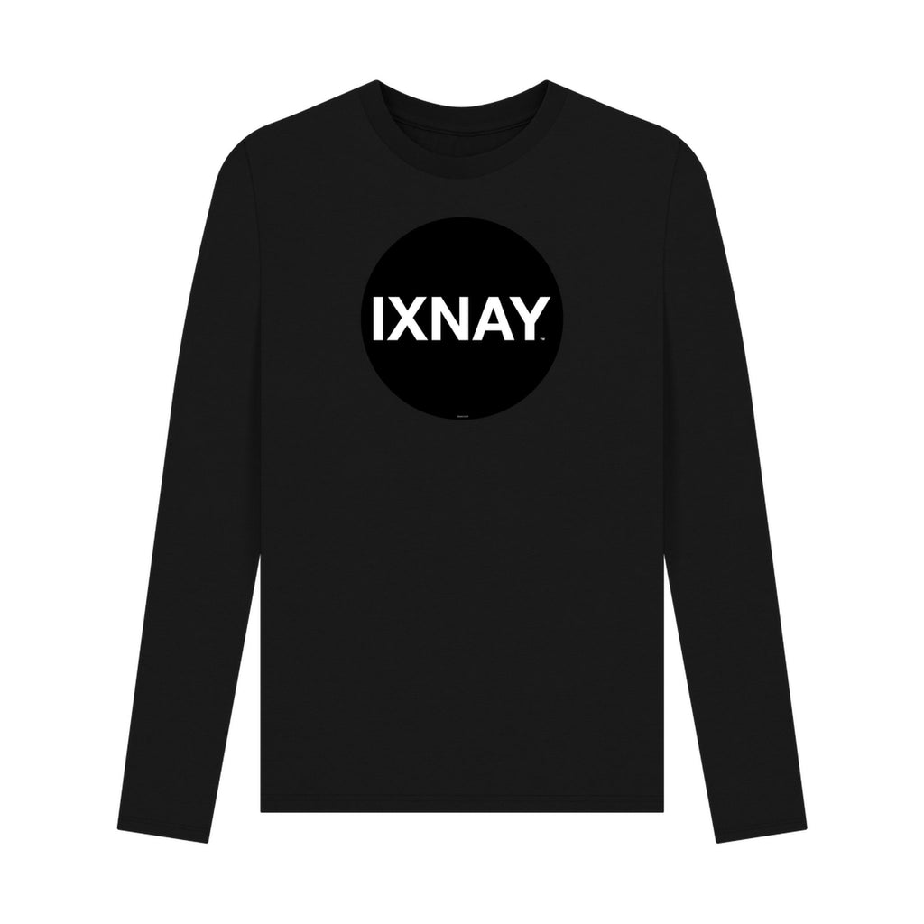 Black long-sleeve t-shirt with 'IXNAY' logo on a white background