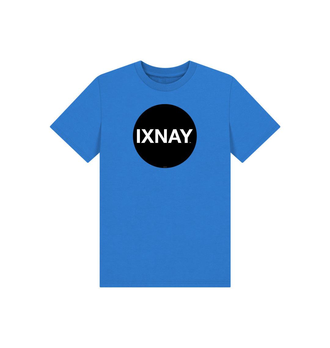 Bright Blue Printed Kids T-Shirt with Original Black Circular IXNAY Logo