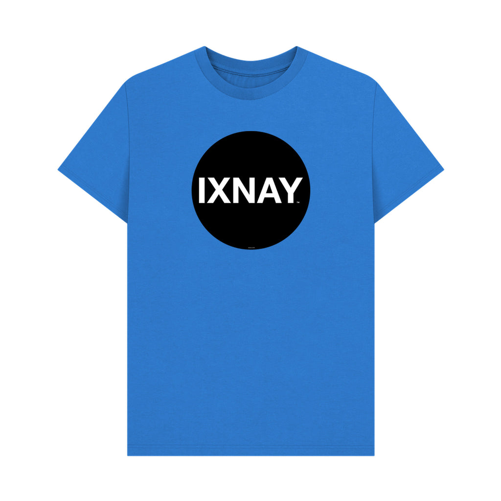 Blue t-shirt with a black circle and 'IXNAY' text on a white background