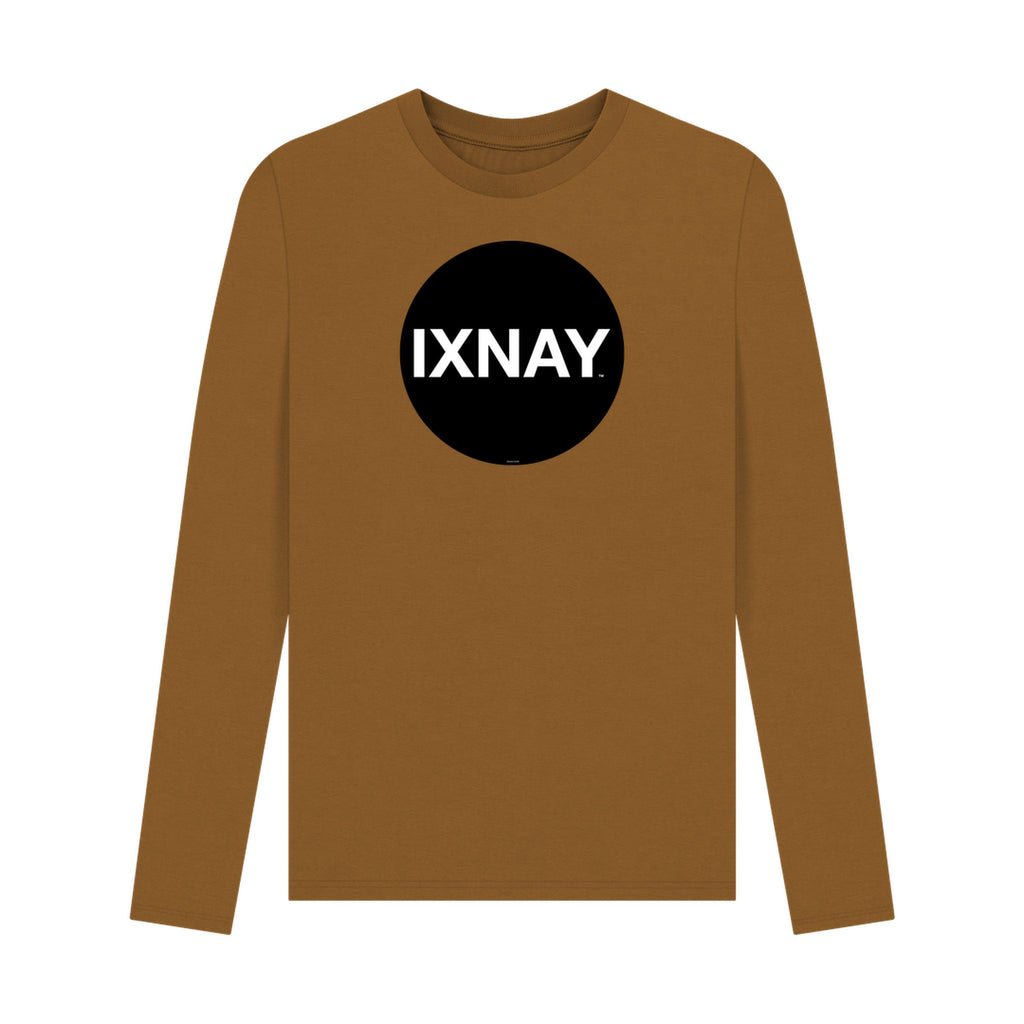 Brown long-sleeve t-shirt with a black circle featuring 'IXNAY' on a white background