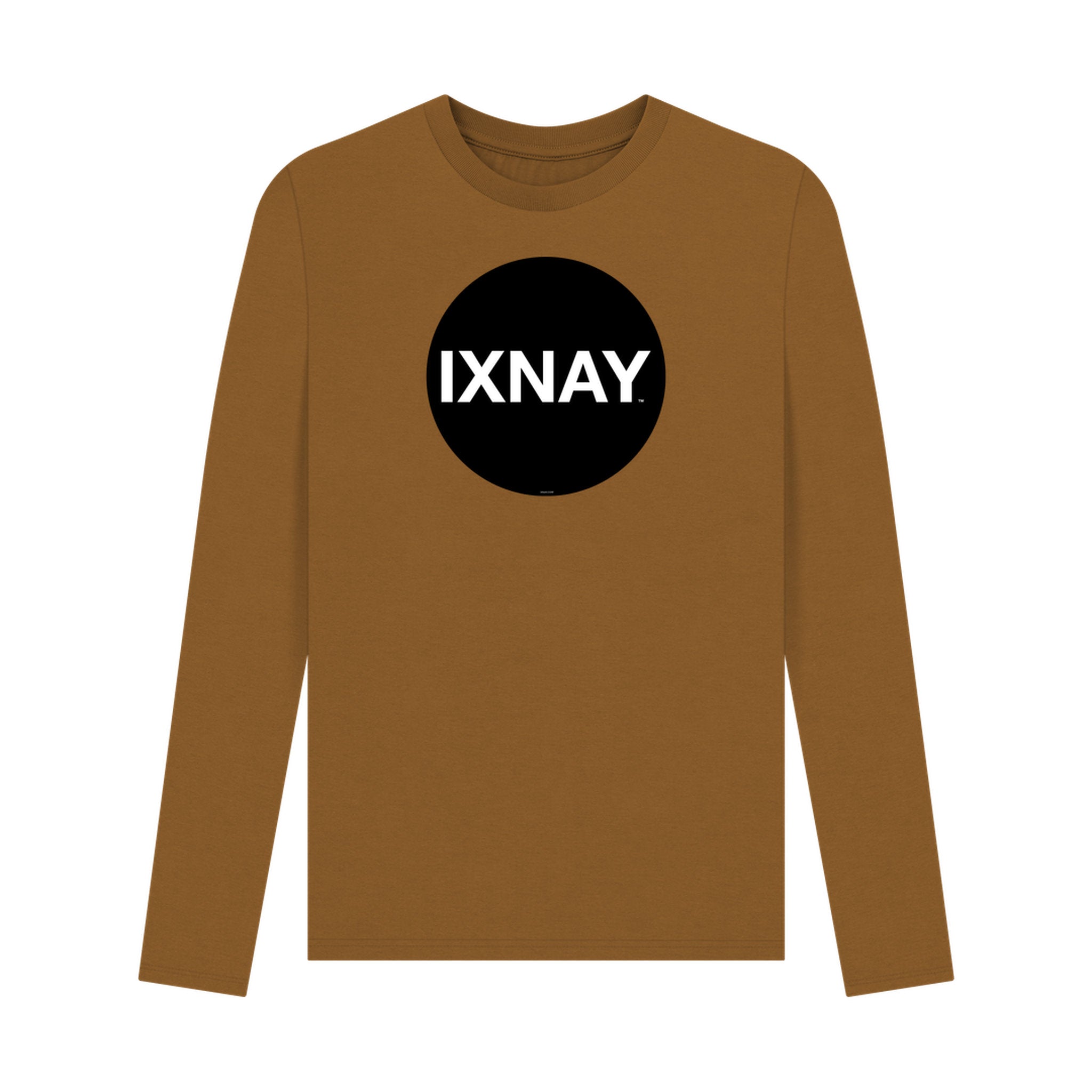 Brown long-sleeve t-shirt with a black circle featuring 'IXNAY' on a white background