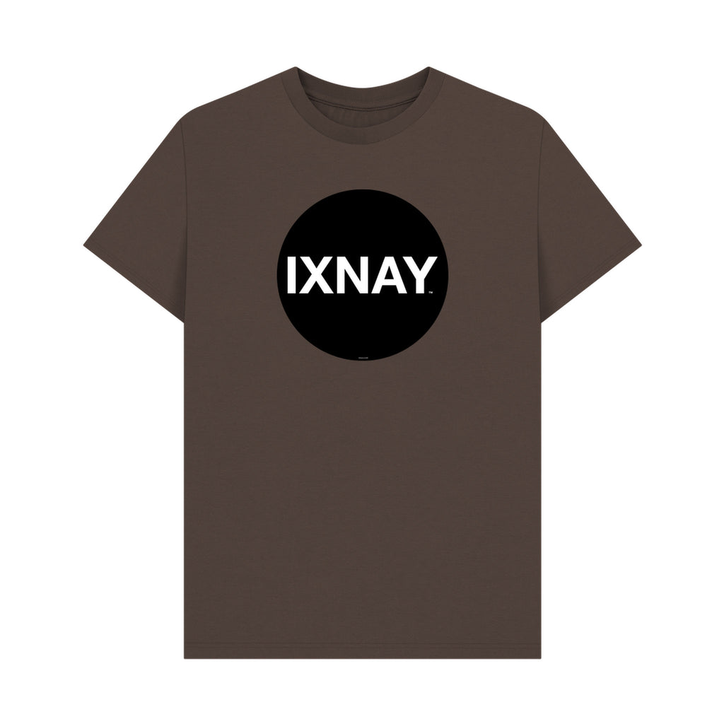 Brown t-shirt with a black circle and 'IXNAY' text on a white background