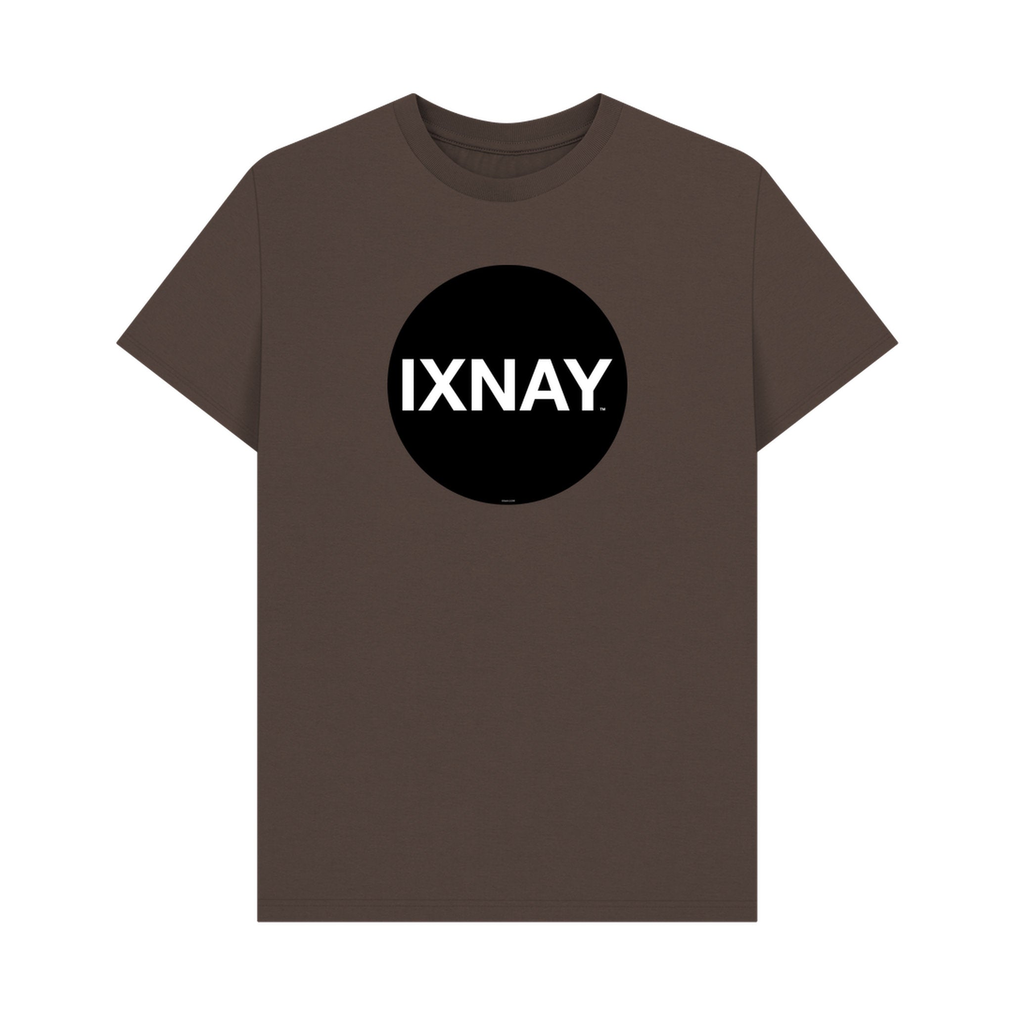 Brown t-shirt with a black circle and 'IXNAY' text on a white background