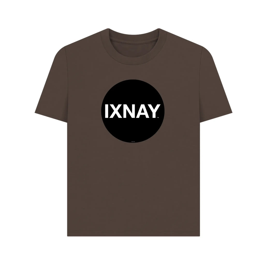 Women's short-sleeve brown t-shirt with 'IXNAY' original black circle logo in 100% organic cotton.