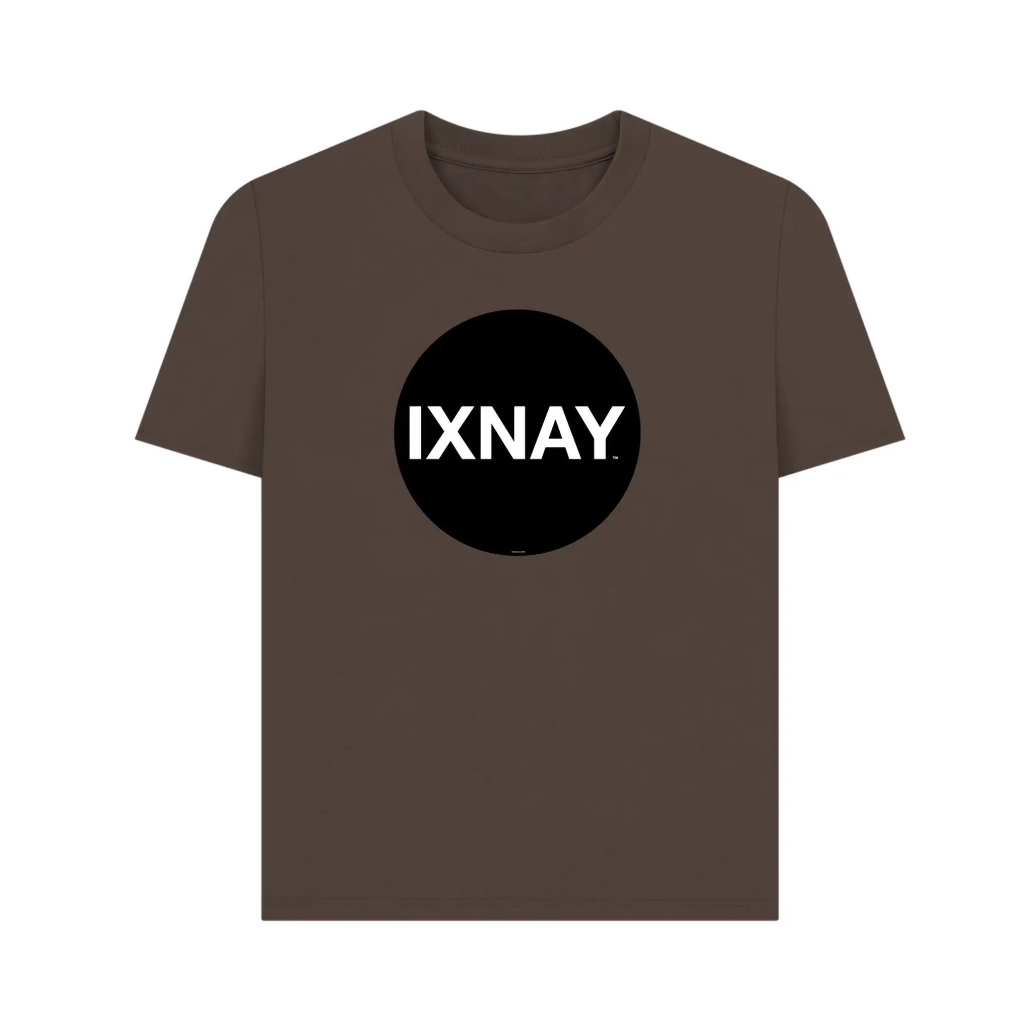 Women's short-sleeve brown t-shirt with 'IXNAY' original black circle logo in 100% organic cotton.