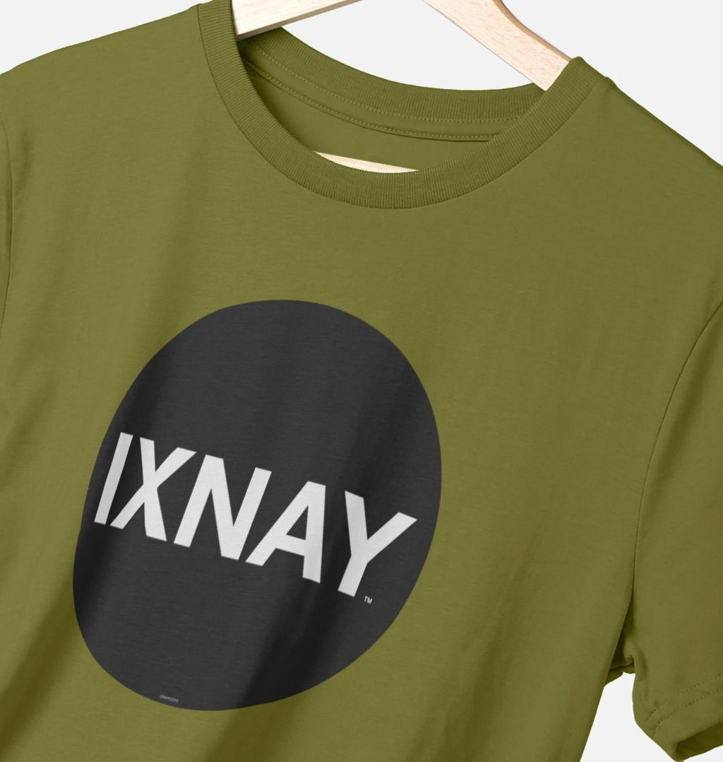 Closeup shot of a moss green Printed Men's T-Shirt with Original Black Round IXNAY Logo