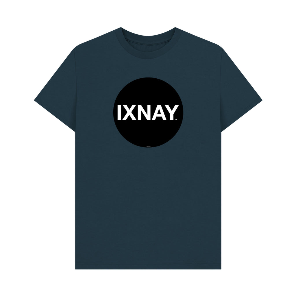 Navy blue t-shirt with a black circle featuring 'IXNAY' text on a white background