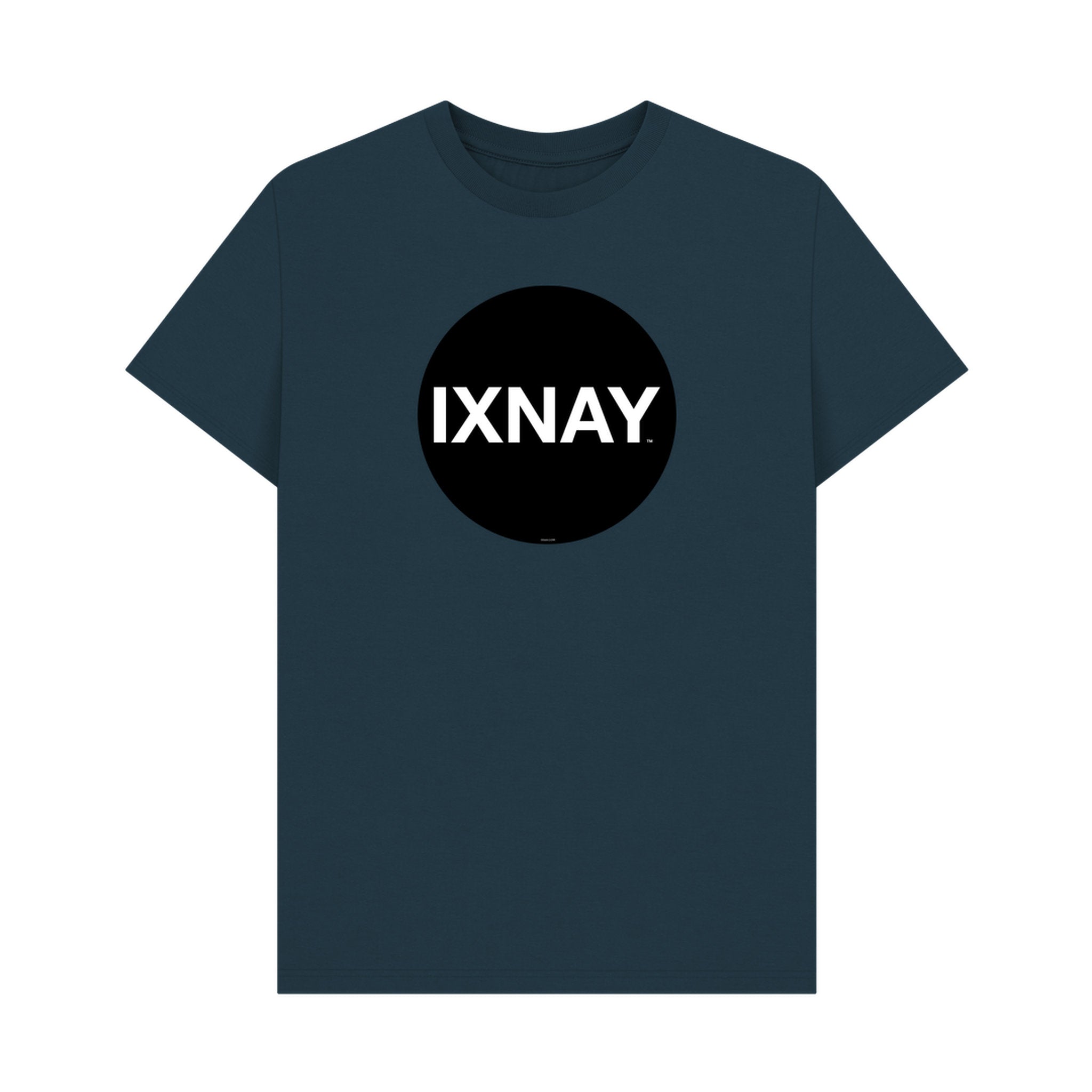 Navy blue t-shirt with a black circle featuring 'IXNAY' text on a white background