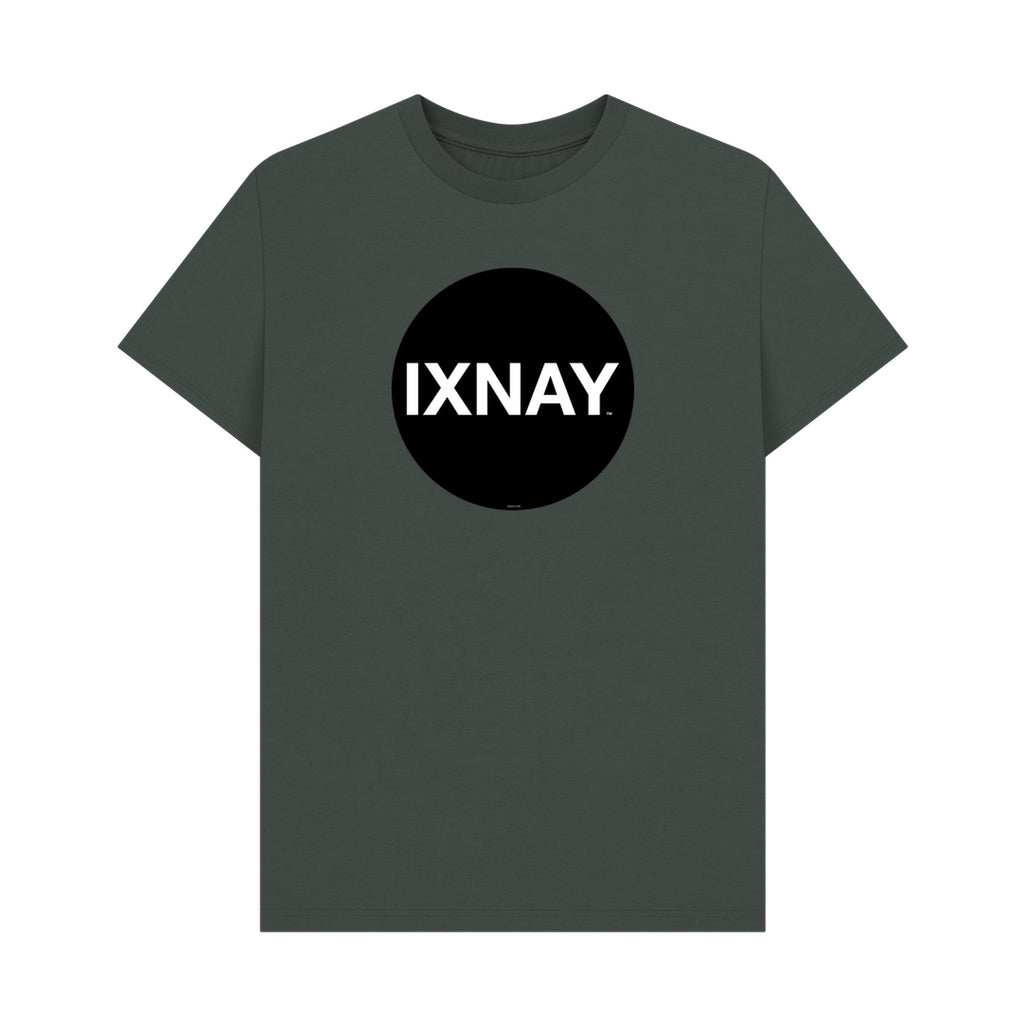Dark gray t-shirt with a black circle and 'IXNAY' text on a white background