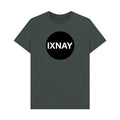 Dark gray t-shirt with a black circle and 'IXNAY' text on a white background