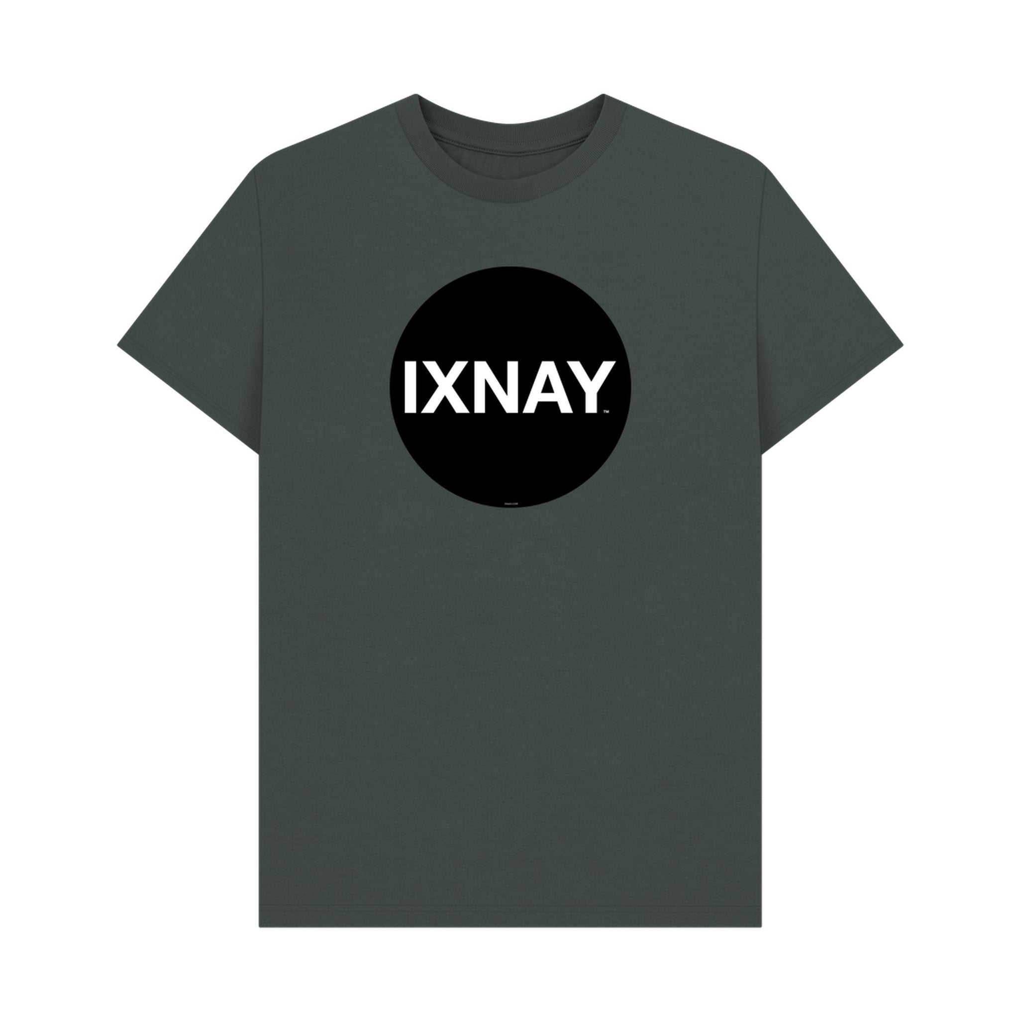 Dark gray t-shirt with a black circle and 'IXNAY' text on a white background