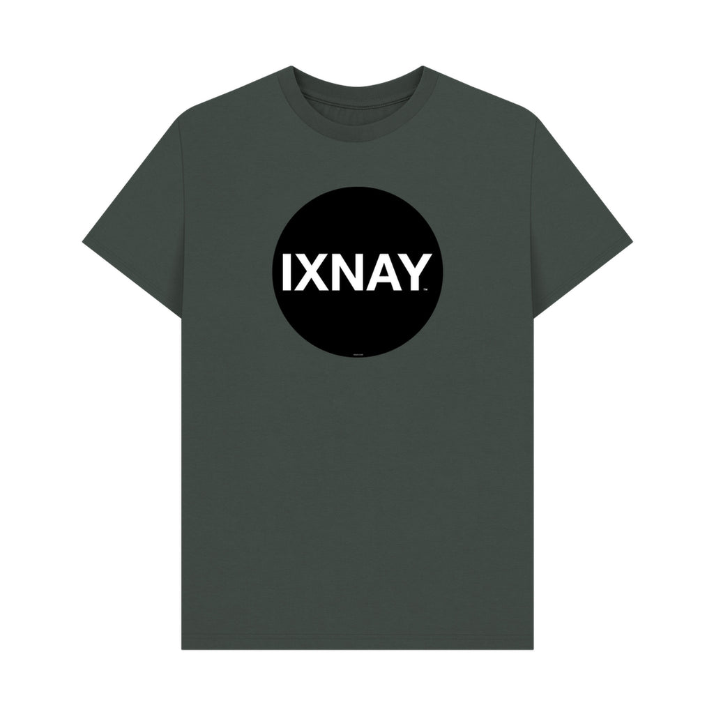 Dark gray t-shirt with a black circle and 'IXNAY' text on a white background