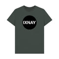 Dark gray t-shirt with a black circle and 'IXNAY' text on a white background