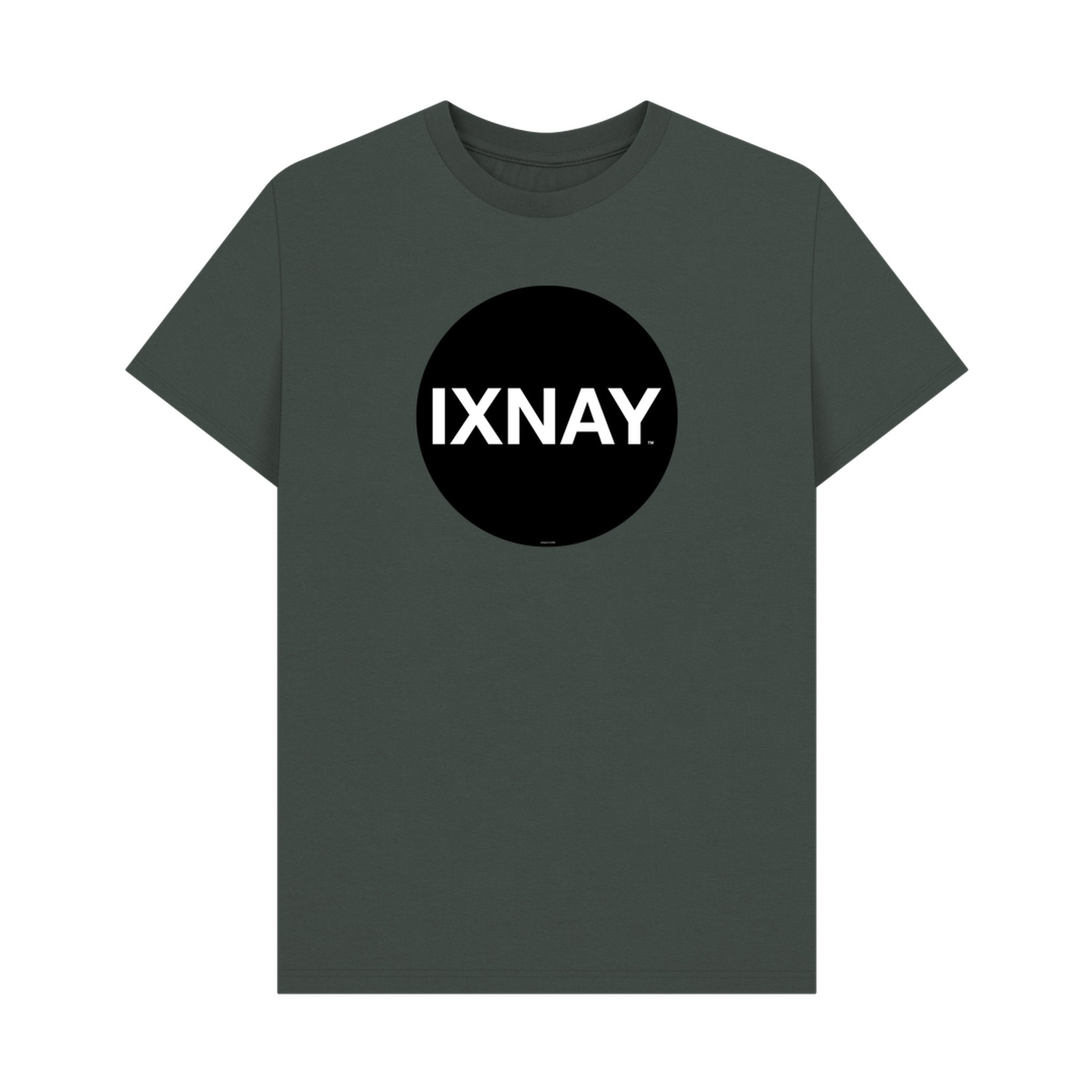 Dark gray t-shirt with a black circle and 'IXNAY' text on a white background