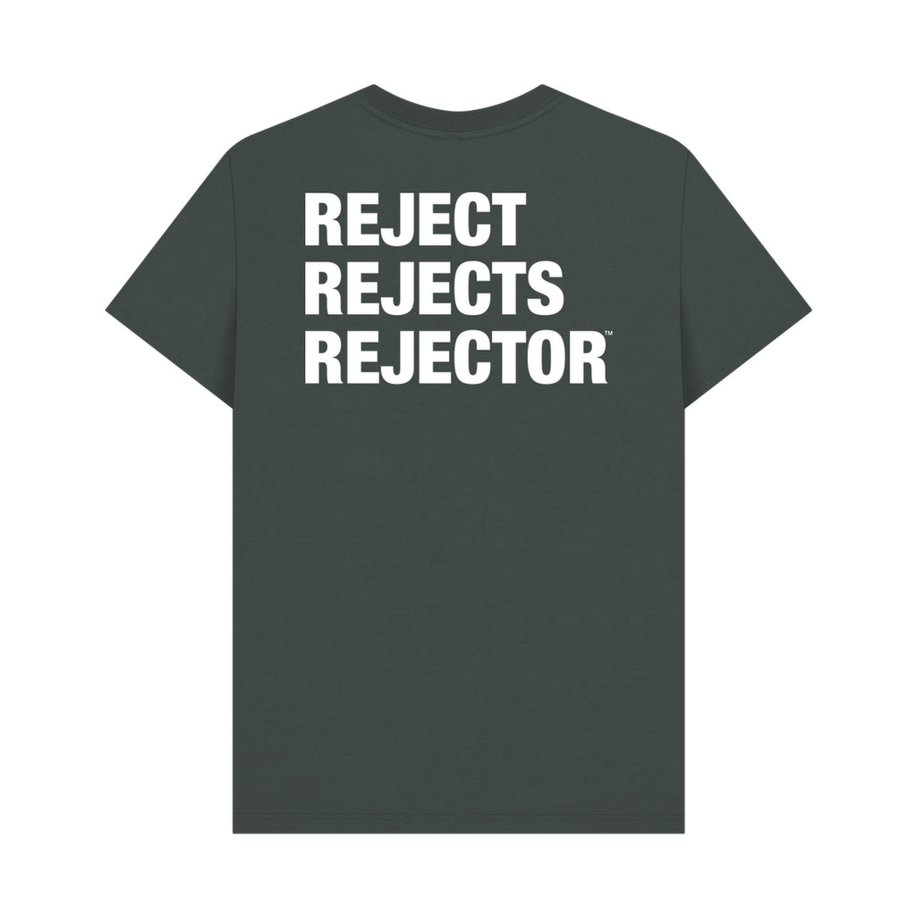 Dark gray IXNAY logo t-shirt with 'REJECT REJECTS REJECTOR' text on the back against a white background