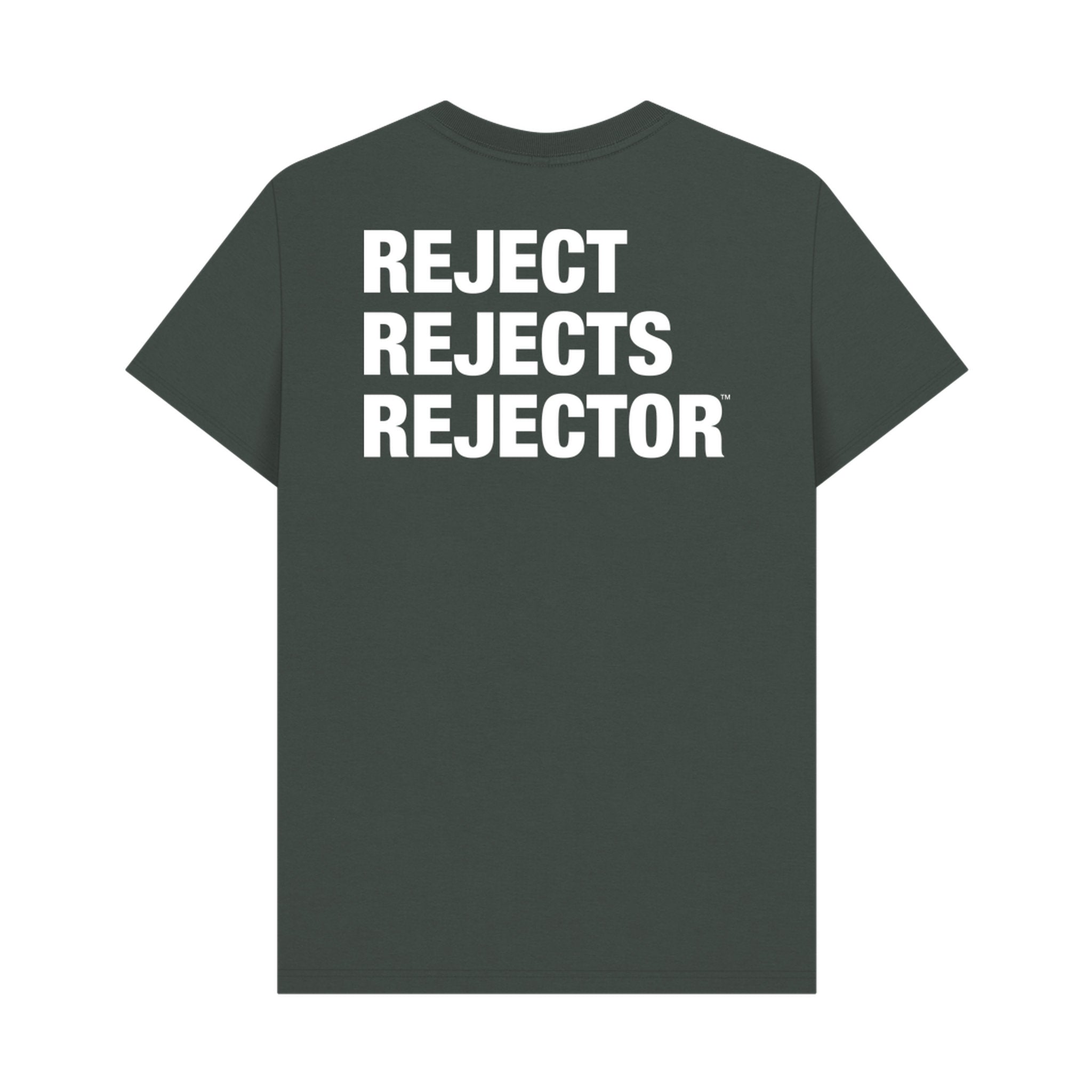 Dark gray IXNAY logo t-shirt with 'REJECT REJECTS REJECTOR' text on the back against a white background