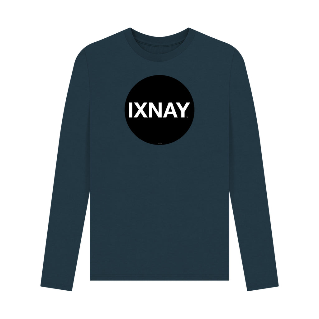 Navy blue long-sleeve t-shirt with 'IXNAY' logo on a white background