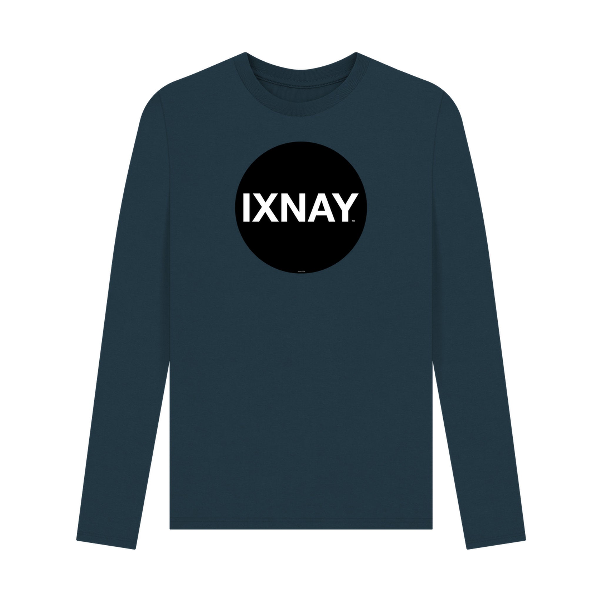 Navy blue long-sleeve t-shirt with 'IXNAY' logo on a white background